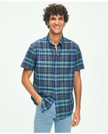 Brooks Brothers Men's Washed Cotton Madras Short Sleeve Button-Down Collar Sport Shirt | Dark Blue | Size Medium