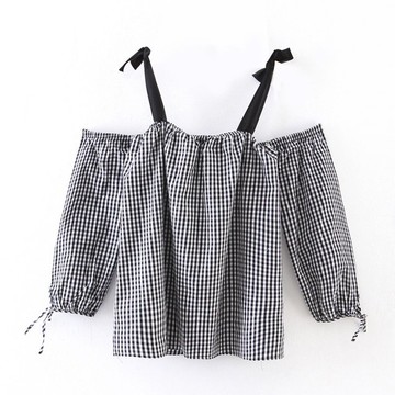 FINDSENSE G5 韓國時尚  黑白格 露肩袖 寬鬆 上衣 女裝