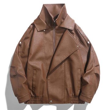 【米蘭精品】現貨+預購 皮衣外套防風夾克-雙層領PU皮寬鬆男外套3色74kw10