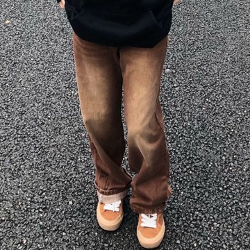 佰分佰/150kg內可穿/大尺碼女裝/微胖穿搭/美式/複古/棕色牛仔褲/高街/寬鬆/直筒褲/闊腿褲/牛仔長褲