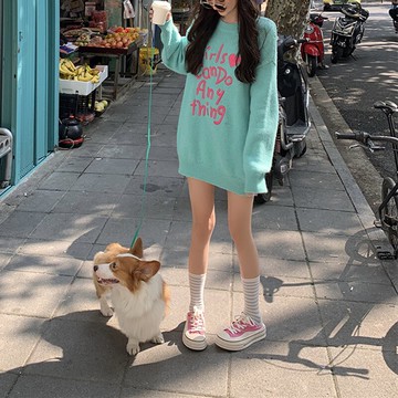 復古日系慵懶風毛衣女秋冬2021新款撞色字母刺繡套頭長袖針織上衣