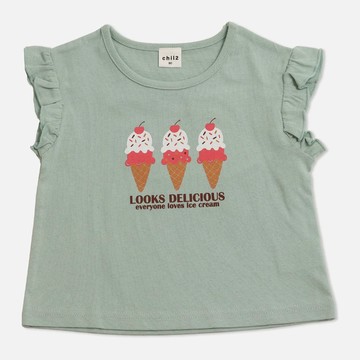 日本 Chil2 - 100%棉 荷葉邊女孩印花短袖上衣-冰淇淋-薄荷綠