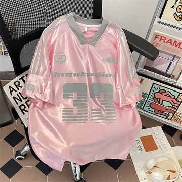 ✨MY女裝 爆款夏季美式V領數字33短袖球衣上衣 簡約速幹透氣運動百搭短袖 寬鬆上衣 夏天衣服 ins風