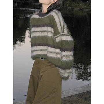 復古慵懶風綠色條紋馬海毛毛衣女寬松加厚中長款水貂絨針織衫秋冬