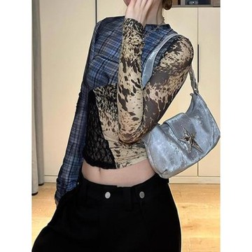Niche Clothing 辣妹性感印花網紗長袖T恤秋季修身顯瘦百搭上衣潮