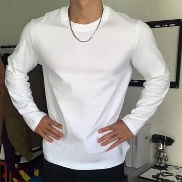 白色內搭打底衫男秋冬新疆長絨棉長袖t恤螺紋領口美式小領口衛衣