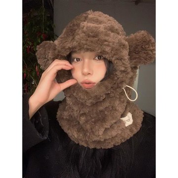 小熊毛絨帽子圍巾口罩一體式女冬季保暖加厚騎車防寒護耳包頭帽子