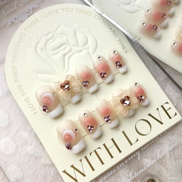 💟加一手工甲💅🏻【純手工實拍】純手工穿戴甲成品短款蝴蝶結法式水冰月美少女學生純手工穿戴甲 6PF6