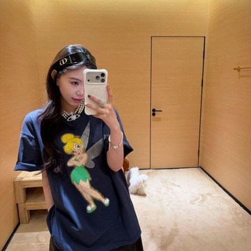 現款免運 純棉T恤 短袖上衣 短袖T恤 T恤女  美式潮牌卡通風小精靈印花寬鬆短袖T恤藏青色新款小衆不撞款Yg