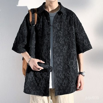 夏季新品 男生襯衫 冰絲襯衫 落肩襯衫 短袖襯衫 韓係襯衫 夏季日係高級感提花黑色襯衫男短袖寬鬆大碼美式複古襯衣