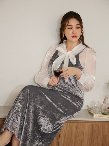 雲朵自訂款-光澤絨面細肩帶長洋裝