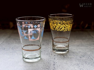 早期印花酒杯－春日昭和&黃葉雷紋 (舊物/老件/玻璃/圖花/傘狀)