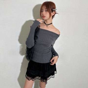 一字大翻領片針織毛衣-灰【KT224747】