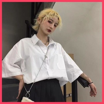 🌈ATC✨🔣短袖襯衫女學生韓版寬鬆夏季中長款白色情侶bf港風工裝襯衣外套女