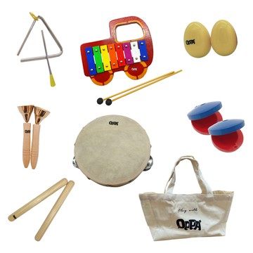 OPPA 奧福樂器 初階樂器組  1組  COM-10  三角鐵4吋 + 黃色蛋沙鈴5.7 x 4cm + 紅藍響板直徑5.5cm + 汽車8音鐵琴22 x 19cm + 鈴鼓6吋(直徑15.2cm) + 響棒21cm + 帆布袋 30 x 20cm + 碰鐘直徑3.5 x 13