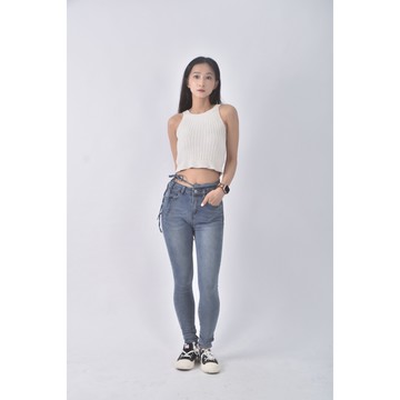 (M) sin mau is sexy高腰丹寧牛仔質感棉質綁帶藍色長褲二手衣