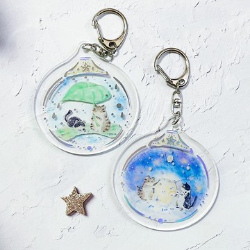 貓咪彩球燙雷射銀壓克力鑰匙圈(共2款)