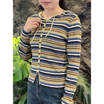 可路莎專柜241204春秋連帽條紋針織開衫女長袖短款毛衣外套上衣