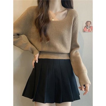 美拉德穿搭方領短款毛衣女春秋高腰內搭針織義烏打底衫疏離感上衣