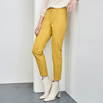 ILEY伊蕾 亮麗時髦刷破造型直筒棉質牛仔褲(芥黃色；M-XL)1224338606