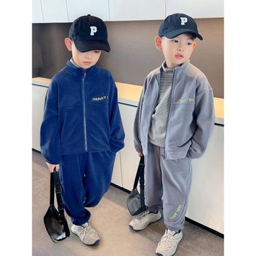 兒童套裝秋冬季男童搖粒絨外套褲子新款童裝中大童立領保暖上衣潮