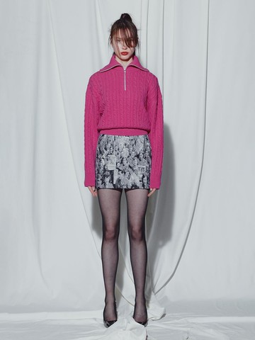 PINK TWISTED KNIT ZIP UP TURTLE NECK