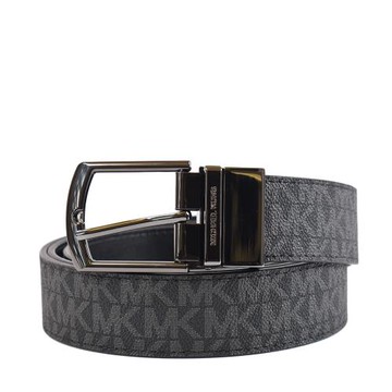 MICHAEL KORS 男款 金屬鏤空LOGO緹花雙面用寬版皮帶-黑/黑