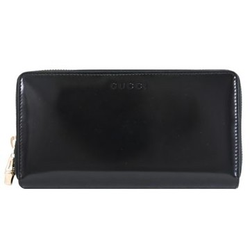 GUCCI Petite 經典LOGO竹節造型亮面漆皮ㄇ字拉鍊長夾(黑)