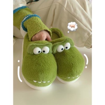 2025冬季新款情侶可愛呆萌鱷魚棉拖鞋保暖毛絨包跟厚底月子鞋男女