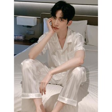 白色睡衣男夏季冰絲薄款短袖長褲大碼絲綢高級感家居服長袖可外穿