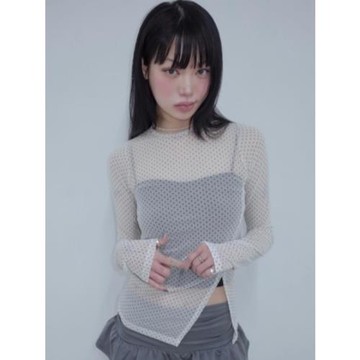 韓國chic夏季個性不規則開叉波點小圓點網紗長袖T恤上衣內搭百搭