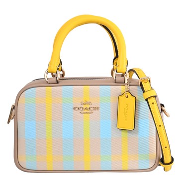 COACH CBI90 Satchel 撞色格紋帆布手提兩用小包.黃/褐色