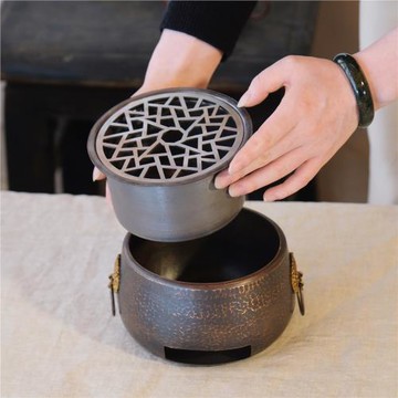 手工純銅炭爐酒精爐紫銅做舊圍爐煮茶帶烤網烤茶爐紅銅復古炭火爐