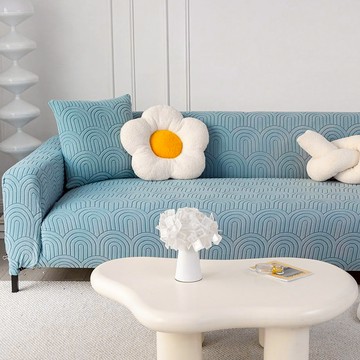 【好物良品】《二人座幾何波紋系列》立體提花彈力沙發罩140~170cm｜5色任選 贈抱枕套x1藍色 二人座