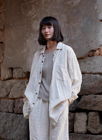 復古文青 亞麻極簡長袖襯衫