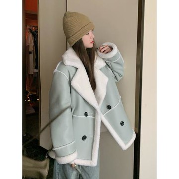 淺藍色羊羔毛外套女高級感2025冬季新款小個子皮毛一體羊羔絨棉服