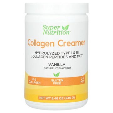 Super Nutrition, 膠原蛋白奶精，含水解 1 和 3 型膠原蛋白、鈣、蛋白質和鐵，香草味，8.46 盎司（240 克）