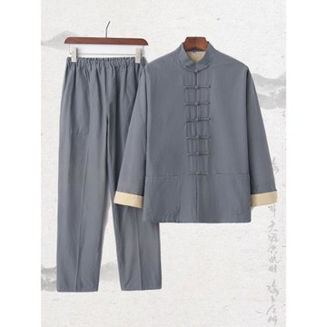 春裝新款連肩袖中式純棉粗布唐裝男士外套盤扣中國風太極服兩件套