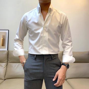 春季新款英倫時尚帥氣長袖襯衫男修身韓版青年休閑免燙百搭襯衣潮