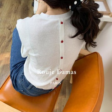 法國Rouje Damas法式愛心刺繡白色T恤女后背紐扣撞色設計小眾上衣