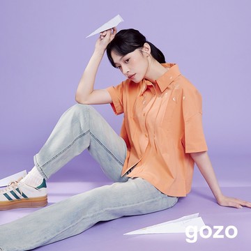 【gozo】向星星許願繡花抓摺短袖襯衫(桔色/白色_F) | 女裝 襯衫領 百搭