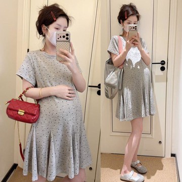 🔥台灣出貨 孕婦顯瘦連身裙 波點孕婦裝 夏季新款孕婦裝 波點短袖t恤連衣裙 A字裙 百褶裙 外穿孕媽 短袖夏天連身裙