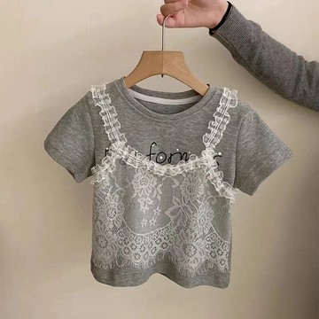 本期必入~女童韓版套裝夏季蕾絲短袖假兩件夏天新款中小童上衣 女童上衣 夏天短袖T恤 韓版打底衫 可愛上衣 中小童