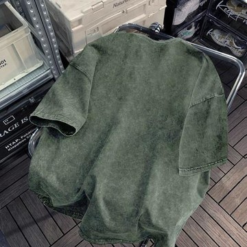 特大碼300斤水洗做舊綠色短袖T恤男女裝夏季美式潮牌小眾情侶上衣