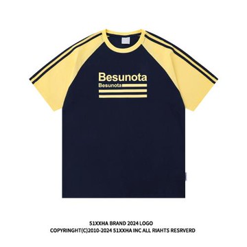 51嘻哈復古側邊條紋運動撞色插肩短袖男美式潮牌情侶重磅純棉T恤