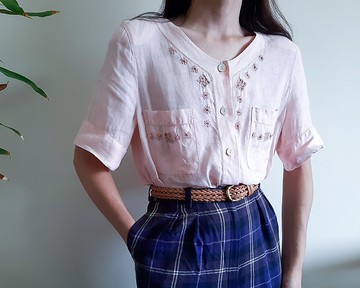 復古 70 年代粉紅亞麻手工刺繡襯衫 CICO TRICOT 義大利製 尺寸 M