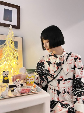 nunuyu目目玉原創設計兔子復古印花長袖優雅小領巾禮服連衣裙