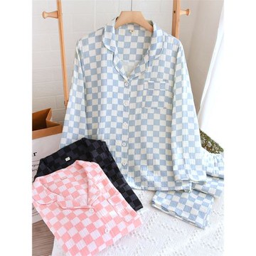 春秋情侶純棉家居服簡約格子男女睡衣大翻領對襟長袖長褲休閑居家