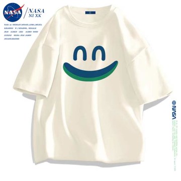 NASA短袖男潮牌個性t恤圓領純棉寬松青少年夏季杏色笑臉學生體恤