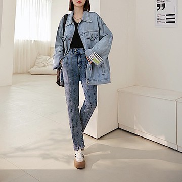 棉質彈性寬腰頭車線造型修身牛仔褲-OB大尺碼